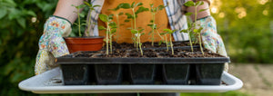 A woman carrying a tray of seedlings outdoors