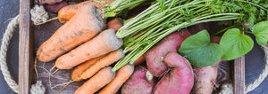 Root Vegetables on a wood tray