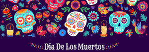 dia de los muertos header with festive skulls and animal illustration
