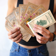 Person holding a set of seed packets 
