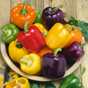 multiple colorful peppers on a wooden bowl.